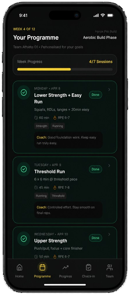 Hybrid365 app — Your Programme weekly training plan